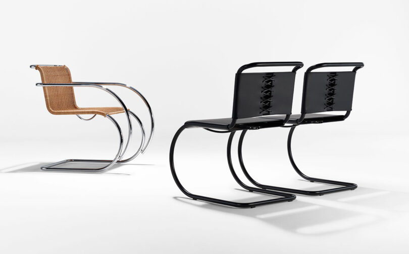 The image shows three modern cantilever chairs with curved metal frames. One chair has a woven seat and backrest, while the other two have sleek black seats and backrests. The background is plain white.