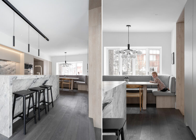 Modern kitchen with marble countertops, black bar stools, and a built-in dining nook. A child is seated at the dining nook in one of the photos, reflecting the architecture's family-friendly design. Large windows bring in natural light.
