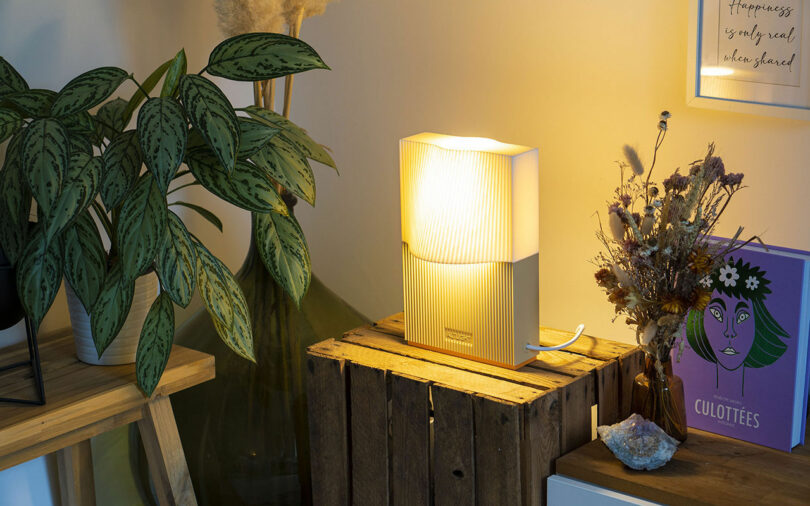 A wooden lamp emits warm light on a wooden crate near a houseplant and a dried flower arrangement. A framed quote and a book titled "CULOTTÉES" are also in the scene