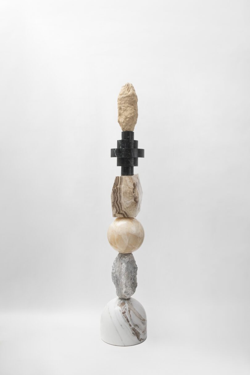 Complete view of a totem sculpture from Sten Studio's "Cosmic Relics" collection