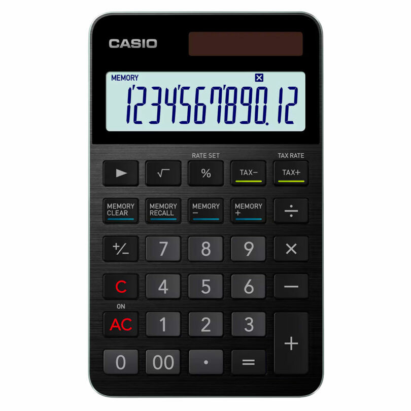 A Casio calculator displaying the numbers 1234567890.12 on its screen. The calculator features various buttons, including memory functions, tax settings, and a solar panel at the top.