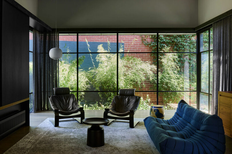 Modern living room with a large window, two black leather chairs, a blue sofa, a small round table, and a hanging lamp. The window offers a view of green plants and a brick wall outside.