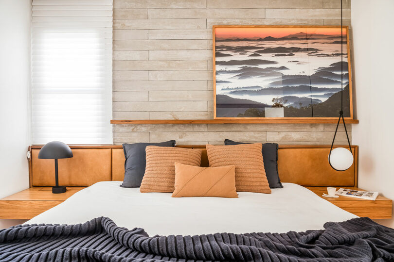 Contemporary bedroom with a large bed, brown and black pillows, a striped blanket, minimalist decor, a framed nature photo above the headboard, and a black mini pendant light.