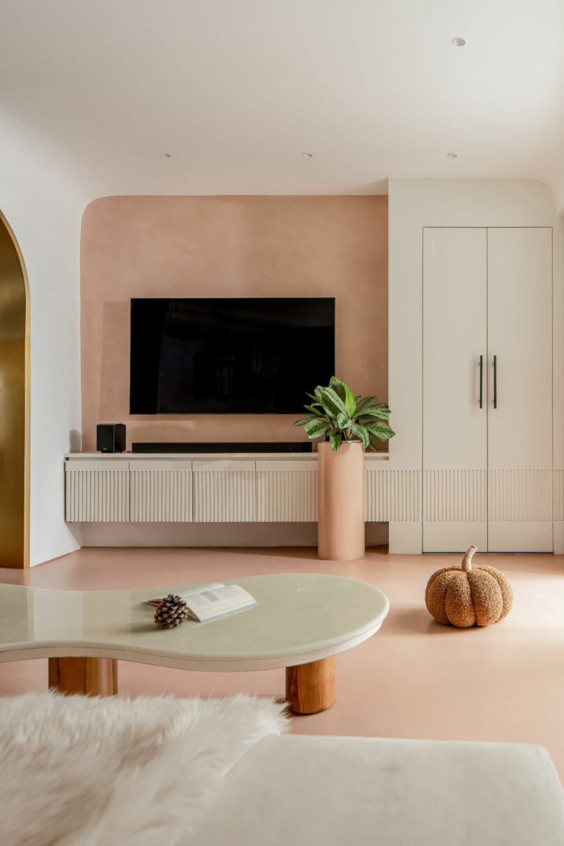 A modern living room with a wall-mounted TV, white cabinetry, a large plant in a beige pot, and a decorative pumpkin on the floor. A coffee table holds a small book, with a pinecone nearby.