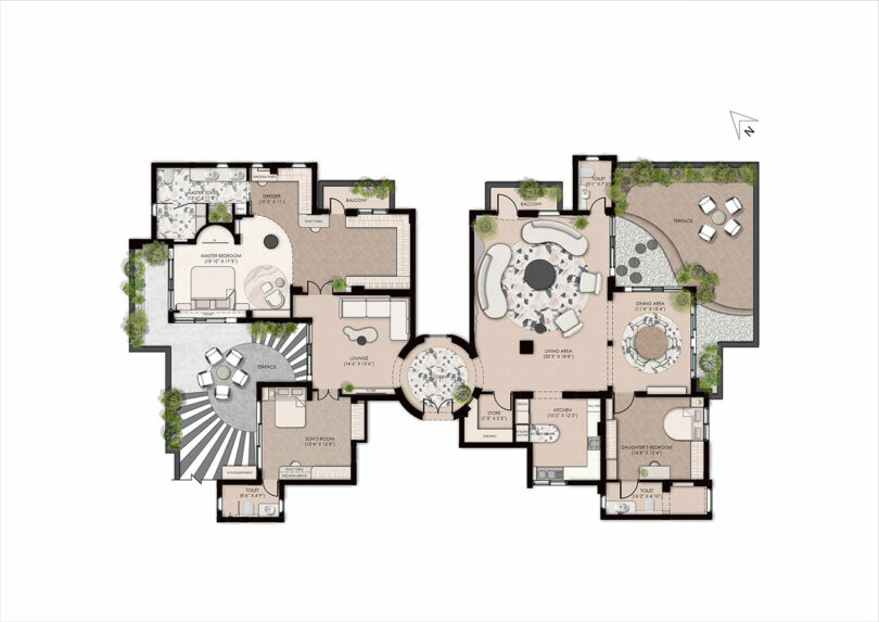 Architectural floor plan showing a spacious layout with multiple rooms, including bedrooms, living areas, bathrooms, a kitchen, and outdoor spaces. Rooms are labeled and furniture placement is indicated.