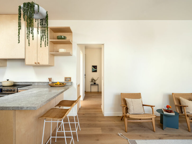 A minimalist kitchen and living area with light wood cabinets, a gray countertop, wicker bar stools, and two woven chairs. A hanging plant decorates the space. A hallway leads to another room.