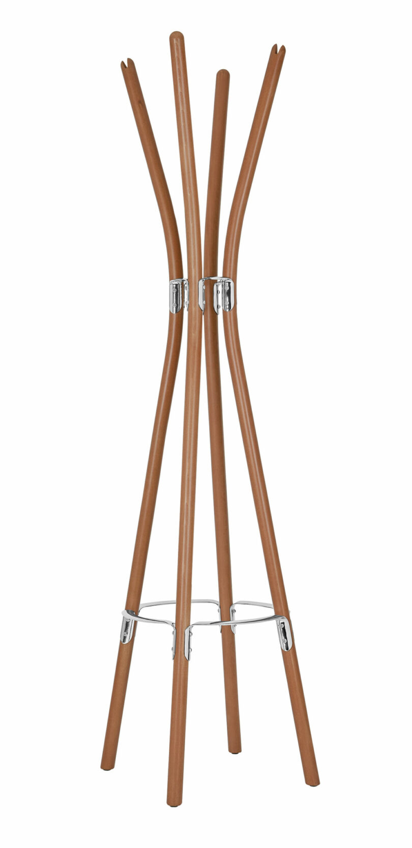 The Poele Coat Rack with a contemporary design, featuring four curved legs and chrome metal connectors.