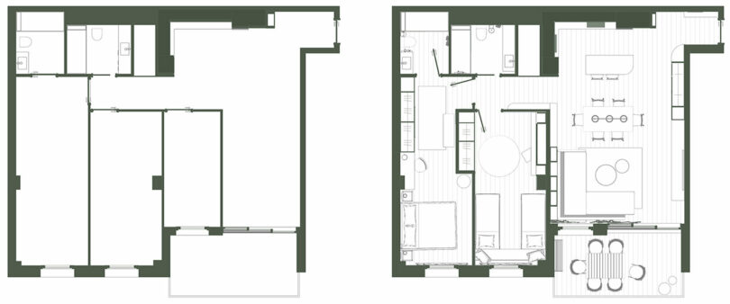 Side-by-side comparison of unfurnished and furnished floor plans for an apartment, showing layouts of bedrooms, bathrooms, living room, kitchen, and dining areas.