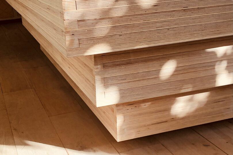 Close-up view of stacked sheets of light-colored plywood, showcasing their layered edges and interlocking joints, with dappled sunlight creating soft shadows on the surface.