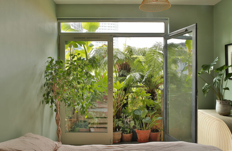 A bedroom with green walls has a bed on the left and large glass doors opening to a balcony filled with various potted plants, creating a lush, indoor-outdoor feel.