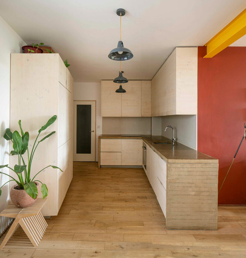 A modern kitchen with light wood cabinets, a stone countertop, and pendant lights. A potted plant sits on a wooden stand in the corner, and a red wall with a yellow beam is visible on the right.