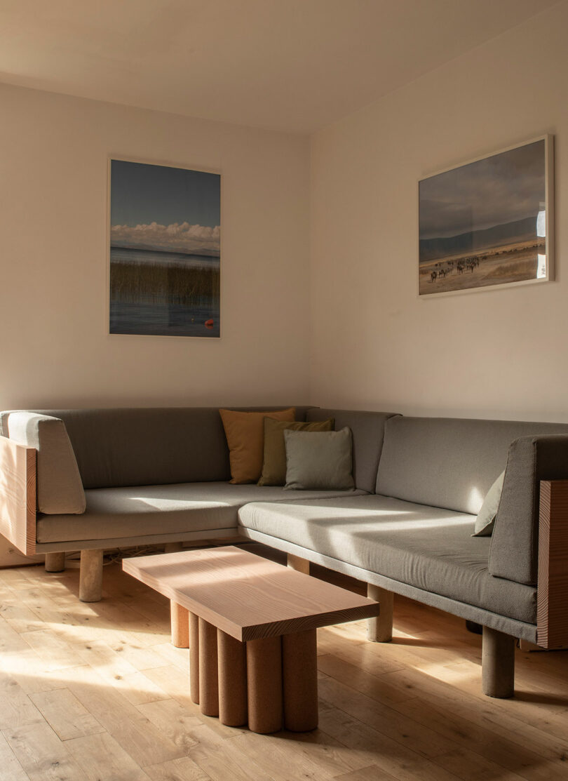 A modern living room with a gray sectional sofa, wooden coffee table, and framed landscape art on white walls. Sunlight streams through a nearby window, illuminating the hardwood floor.