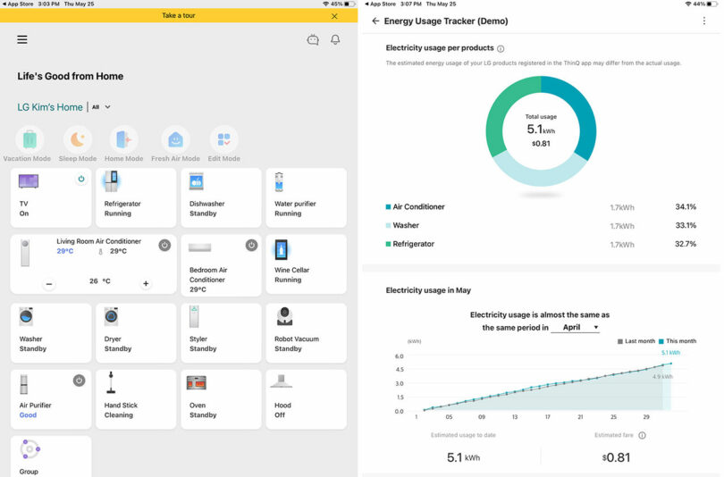 A smart home dashboard featuring the Signature Kitchen Suite displays various appliance statuses and options on the left. On the right, an energy usage tracker shows the breakdown of power usage and a comparison chart for May and April.