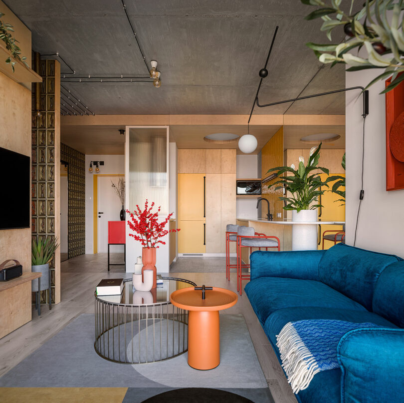 Modern living space with blue sofa, orange coffee table and open kitchen. Decor includes plants, colorful accents and modern furniture under a ceiling with visible industrial pipes.