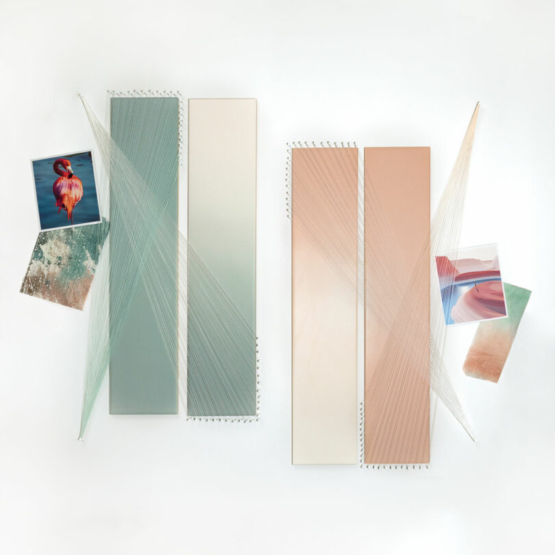 A contemporary art piece featuring four vertical panels in soft colors, intersected by diagonal lines. Two photos, one of a flamingo and the other of a natural landscape, are pinned at the corners.