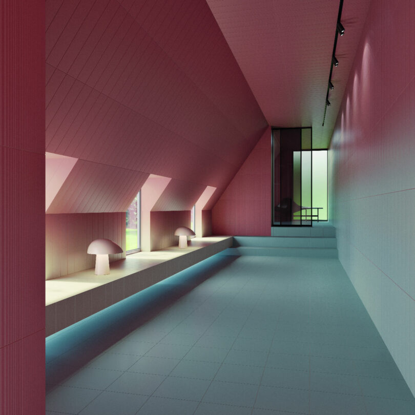 A modern interior hallway with slanted pink walls, floor-to-ceiling windows, two mushroom-shaped lamps on a ledge, and a staircase leading to a glass door in the background.