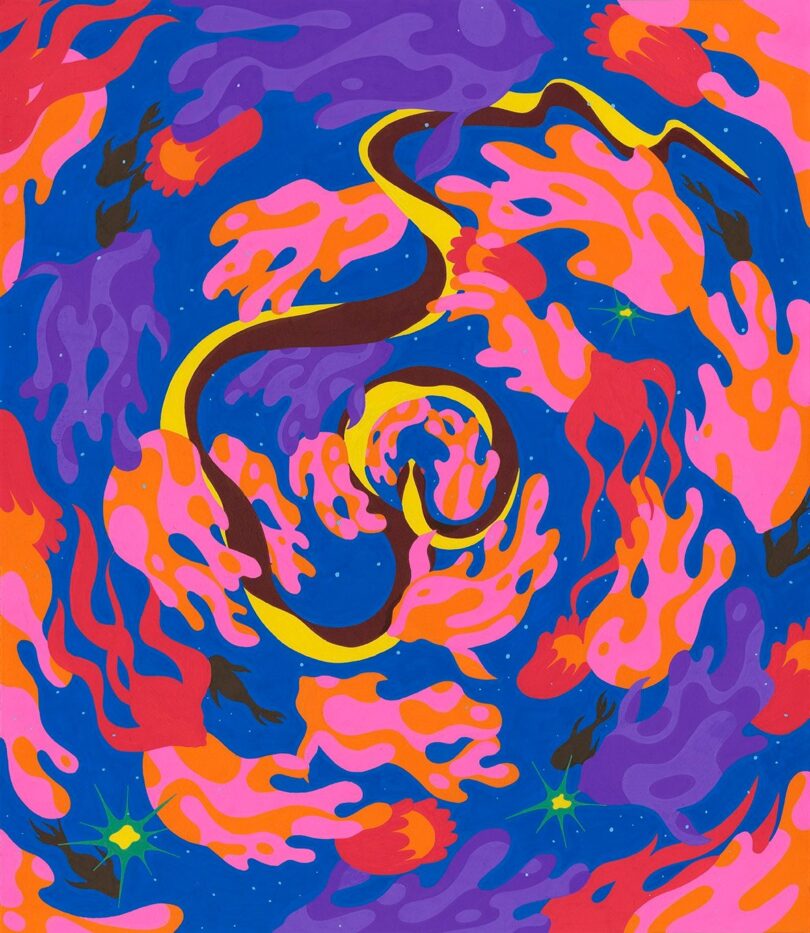 An abstract digital artwork featuring swirling, colorful shapes in pink, purple, red, and yellow tones, set against a blue background with scattered green star-like elements.