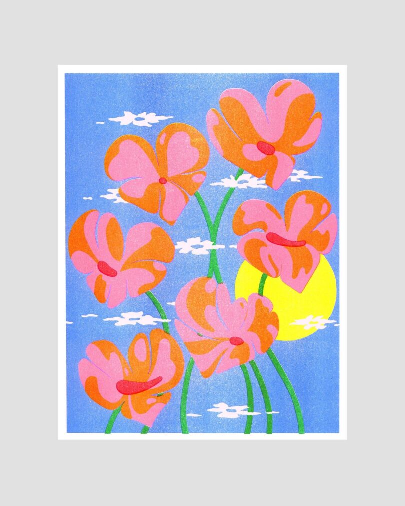 Illustration of pink flowers with green stems against a bright blue sky with white clouds and a yellow sun in the background.