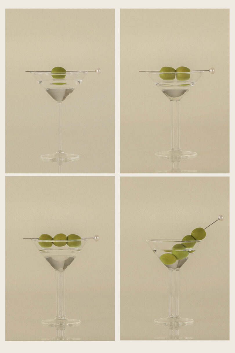 Four images of a martini glass with varying numbers of green olives on a cocktail pick, arranged in a grid. Each glass contains a clear liquid