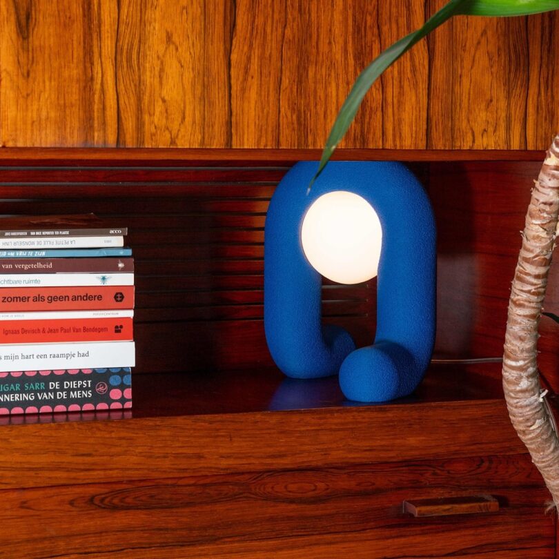 A uniquely shaped blue lamp with a circular light sits on a wooden shelf next to a stack of assorted books. A plant's stem is visible on the right side of the image