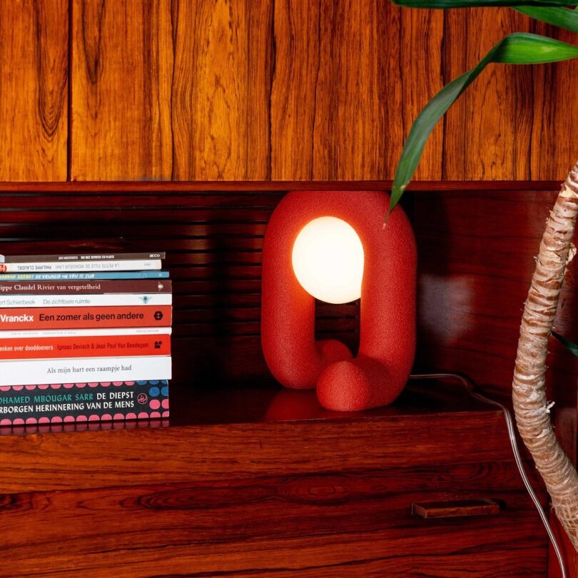 A sculptural red table lamp with a glowing orb sits on a wooden surface next to a stack of books against a wood-paneled wall. A plant with green leaves partially appears on the right