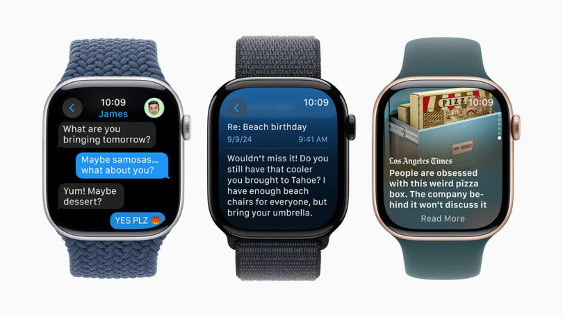 Three Apple Watches display different screens. The left shows a message conversation, the middle shows an email, and the right displays a news headline article.