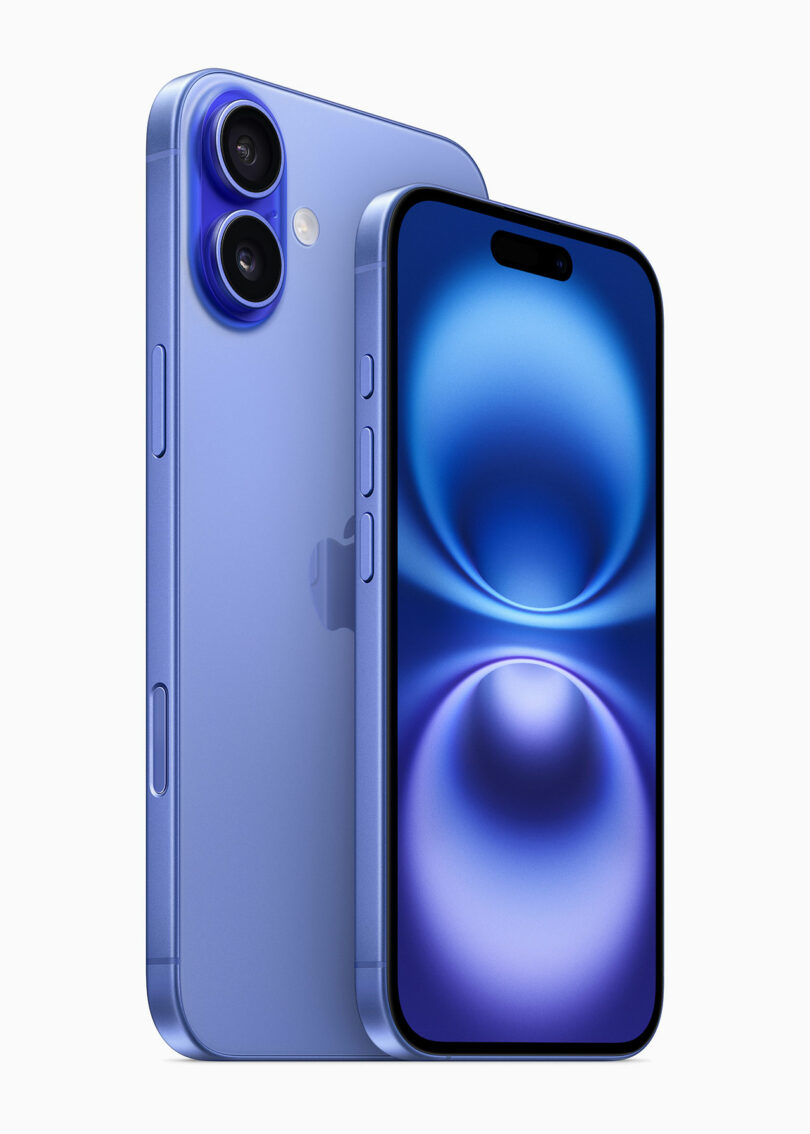 A blue iPhone 16 smartphone, front and back view, showcasing its dual camera setup and screen with a captivating blue abstract wallpaper.