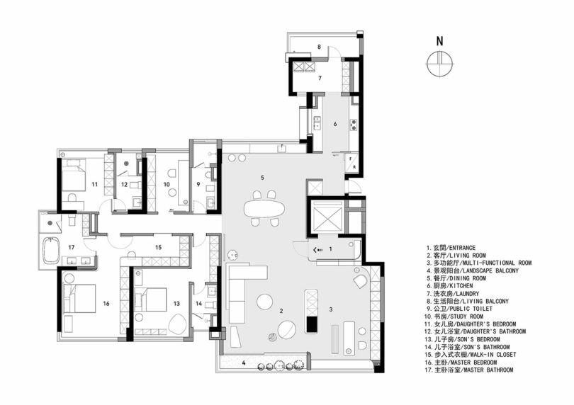 Black and white architectural floor plan of a residential apartment with labeled rooms and areas including entrance, living room, kitchen, multiple bedrooms and bathrooms, balcony, and storage spaces.