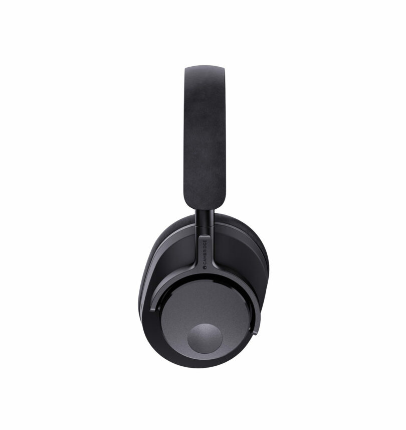 The Melomania P100 black over-ear headphones boast a sleek, modern design, viewed from the side to showcase the ear cup and adjustable headband.