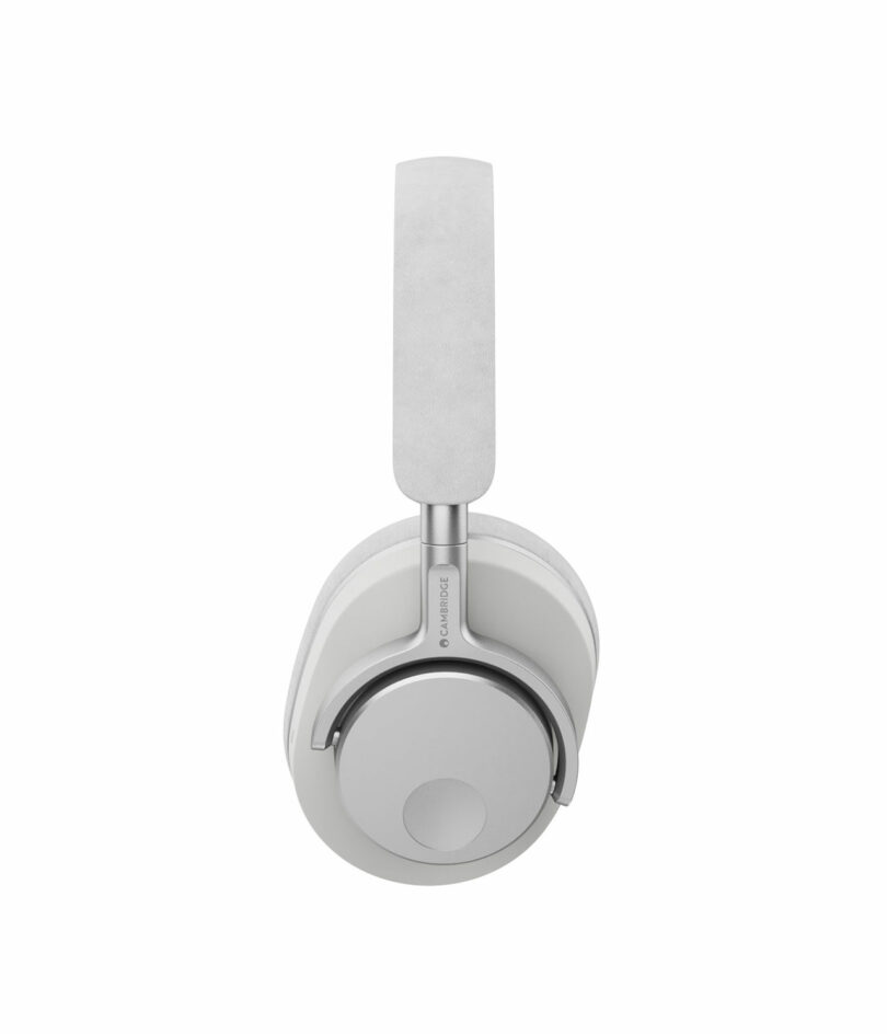 A single white and silver over-ear headphone, the Melomania P100, with a sleek, minimalist design is shown from a side view.