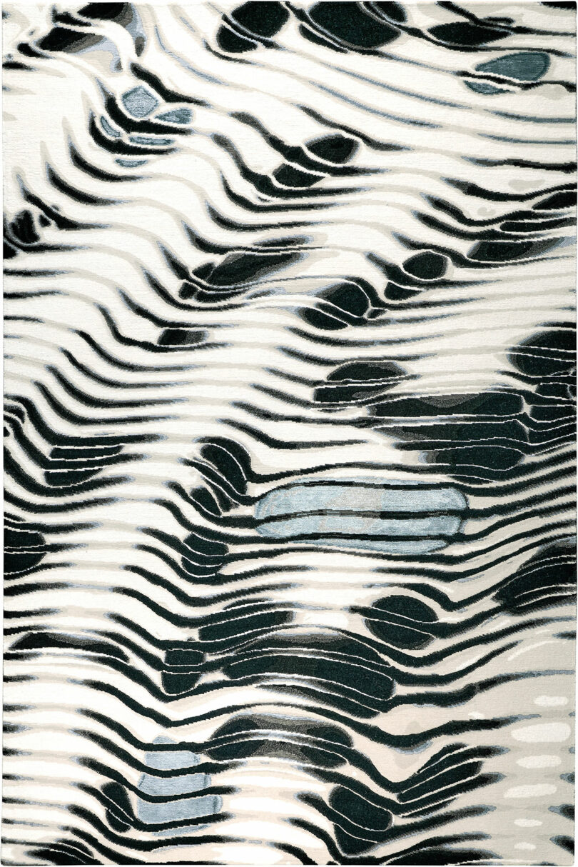 Abstract design featuring wavy black lines and blue shapes against a white background, resembling distorted topographic lines or flowing water patterns, reminiscent of Dale Chihuly's intricate glass sculptures.