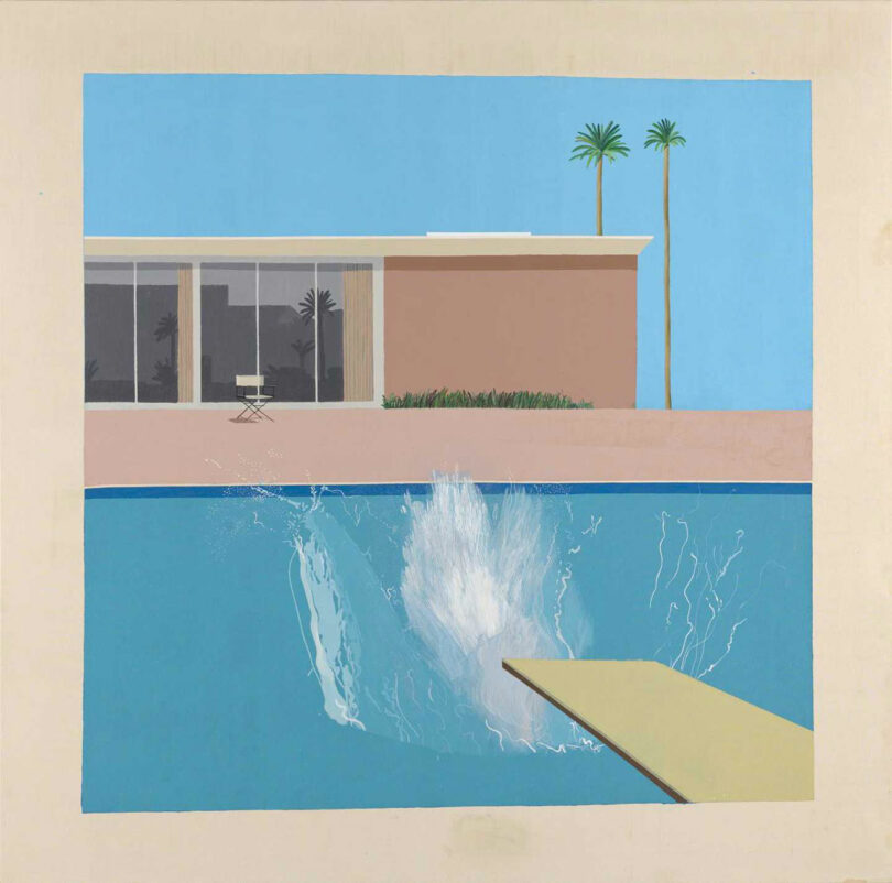 A painting depicting the splash from a diver in a blue swimming pool with a modern house, glass windows, and two tall palm trees in the background.