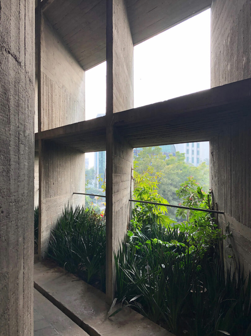 Concrete structure with large rectangular openings, allowing natural light to illuminate the interior. Lush green plants are visible through and within the openings, contrasting the industrial design.