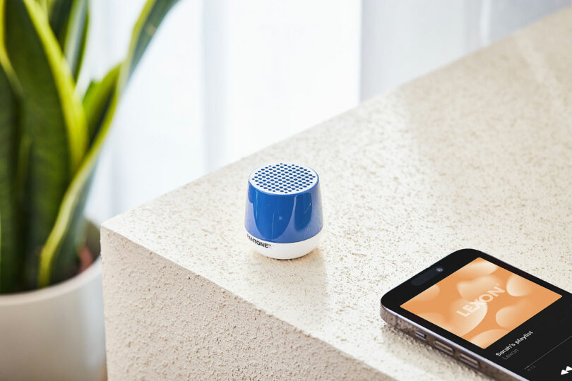 A small blue and white speaker sits on a countertop next to a smartphone displaying a music player app. A plant and curtain are visible in the background.