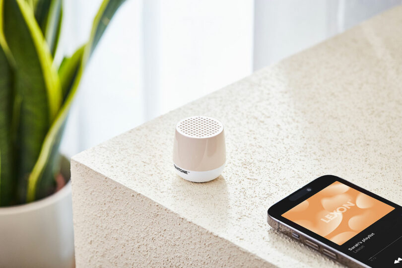 A small white speaker sits on a beige surface next to a smartphone, which displays an album cover and song information. A green plant is partially visible in the background.