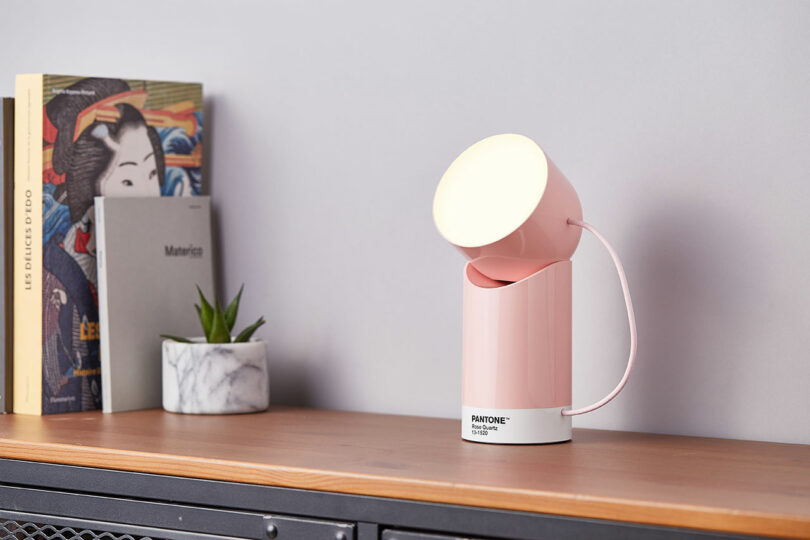 A pink Pantone lamp sits on a wooden shelf beside books and a small marble planter with a green plant.