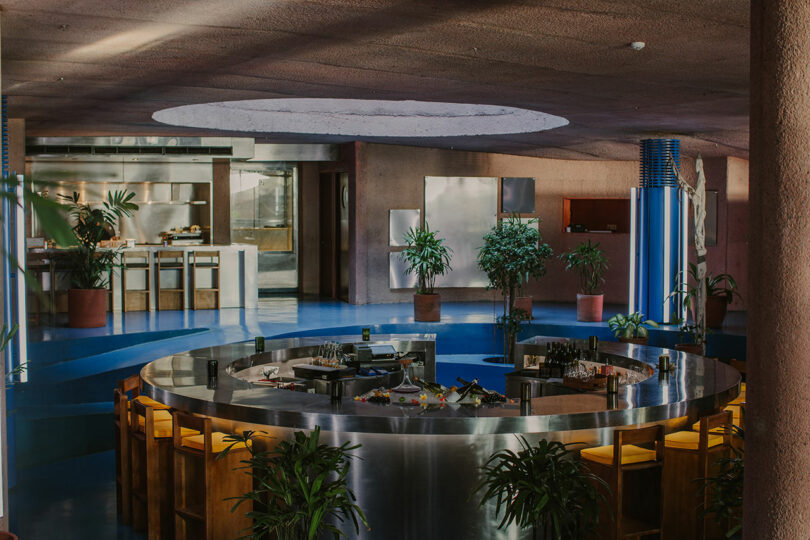 A modern, circular bar with stools surrounding it is in the middle of a restaurant featuring blue flooring, plants, and an open kitchen in the background.