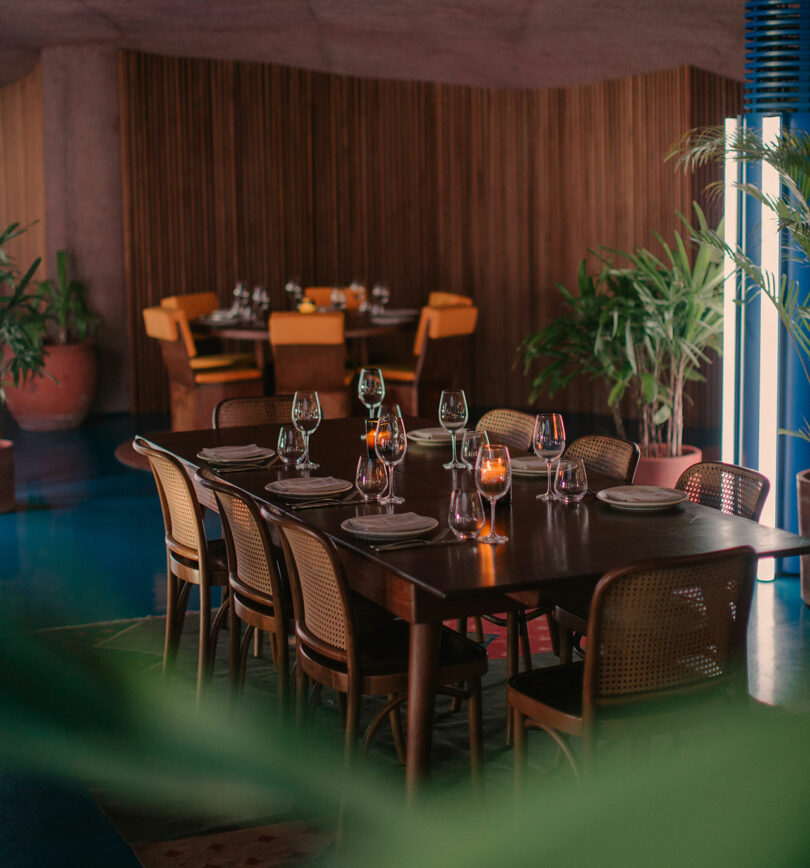 A dining table set elegantly with glassware, candles, and plates in a dimly lit restaurant, surrounded by green plants and wooden decor.