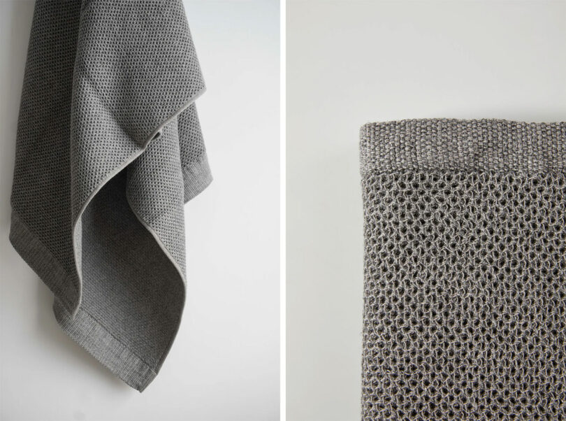 A gray, textured towel hanging on the left; close-up of the towel's woven pattern on the right against a plain background.