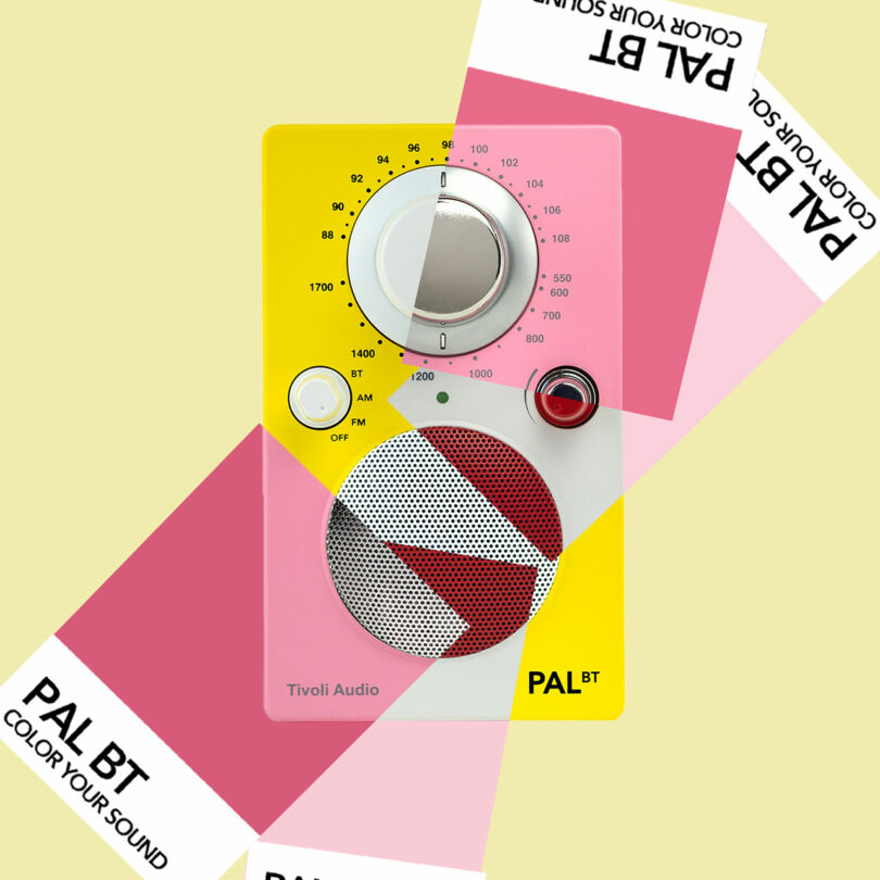 A retro-style yellow and pink Tivoli Audio PAL BT radio with a large silver dial and speaker is featured with overlapping geometric, colorful shapes and 'COLOR YOUR SOUND' text.