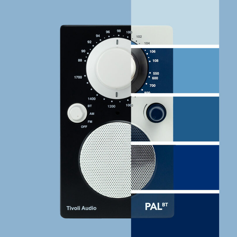 A Tivoli Audio PAL BT radio is depicted with a color gradient effect, transitioning from light blue on the left to dark blue on the right. The Tivoli Audio device's controls and speaker are clearly visible.