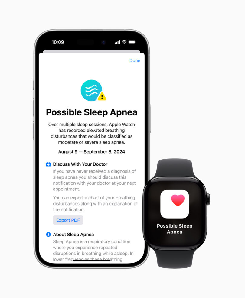 A smartphone screen displaying a notification about possible sleep apnea detected by an Apple Watch, suggesting to discuss with a doctor. The Apple Watch screen also shows the notification.