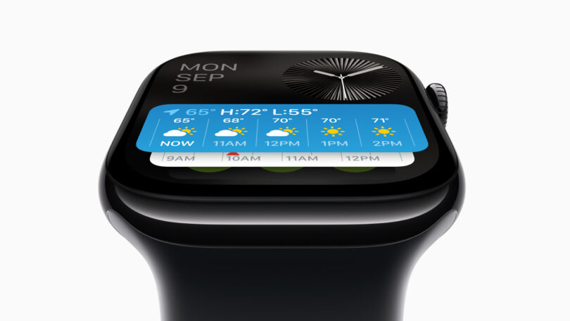 A smartwatch displaying a weather forecast for Monday, September 9, with temperatures ranging from 65°F to 72°F and mostly sunny conditions throughout the day.