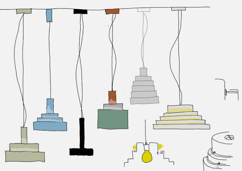 A drawing of seven hanging pendant lights with varying geometric shapes and colors, and a simple sketch of a lit bulb and faucet to the right