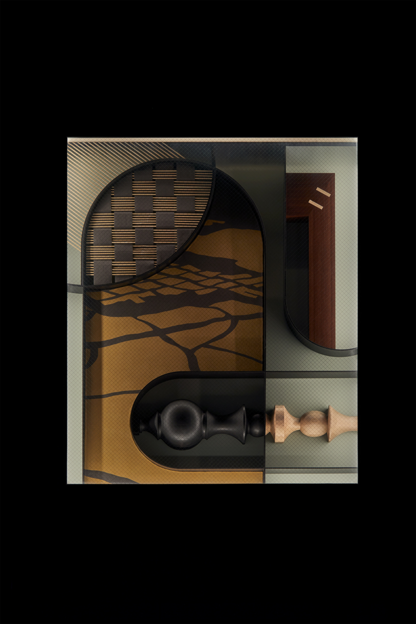 A geometric abstract artwork with layered shapes including a chess piece, woven pattern, curved and straight lines, and wood textures, all arranged within a square frame on a dark background