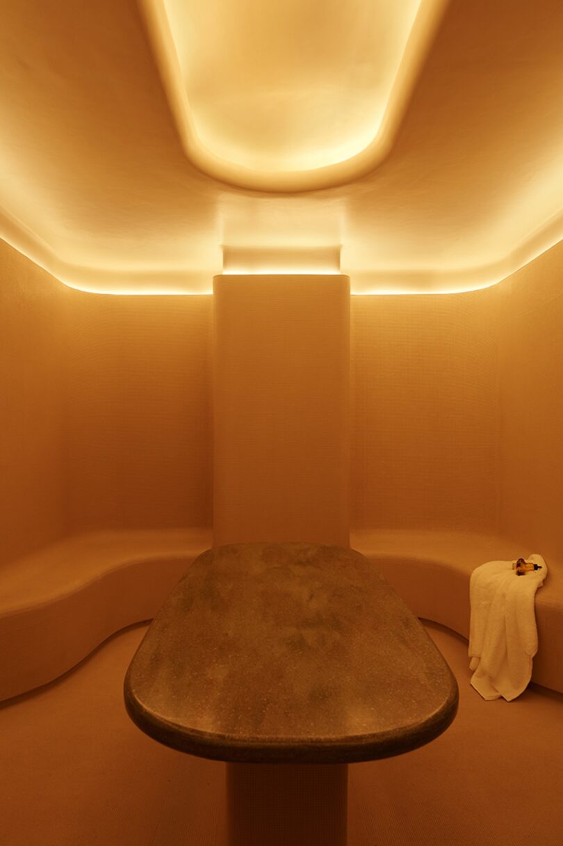 The softly illuminated steam room at SO/Paris, showcasing the hotel's seamless blend of modern architecture