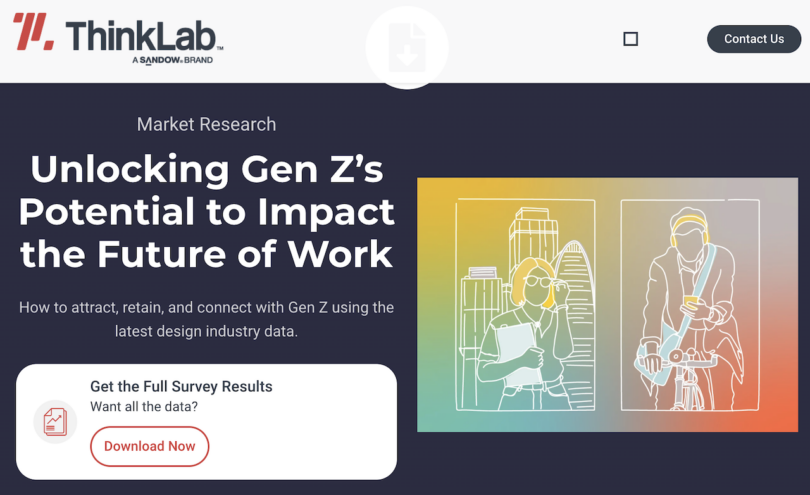 A webpage for ThinkLab's market research on Gen Z and the future of work, featuring a download button for the full survey results and illustrated people with a city skyline in the background