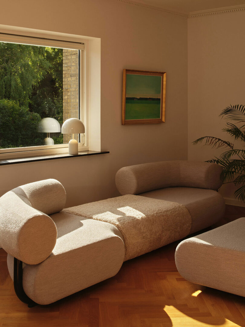 A modern living room with a soft, curved beige sofa, a large window, a leafy plant, and a framed artwork on the wall