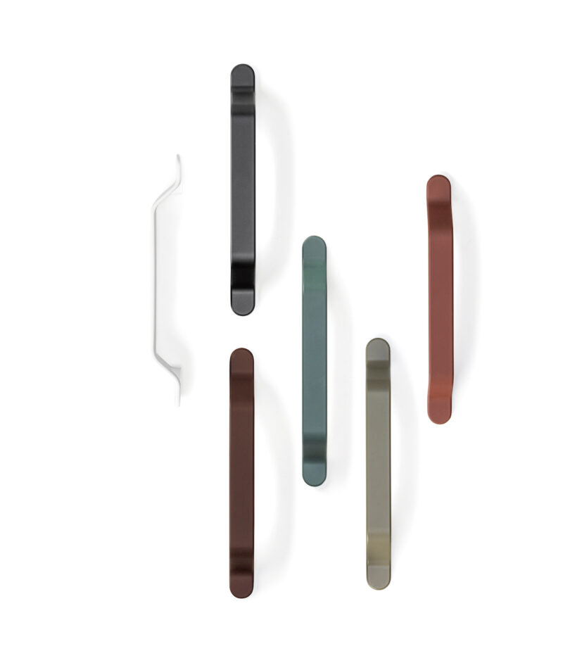 Assorted colored handles arranged vertically and horizontally on a white background, including black, dark grey, red, teal, light brown, and white handles