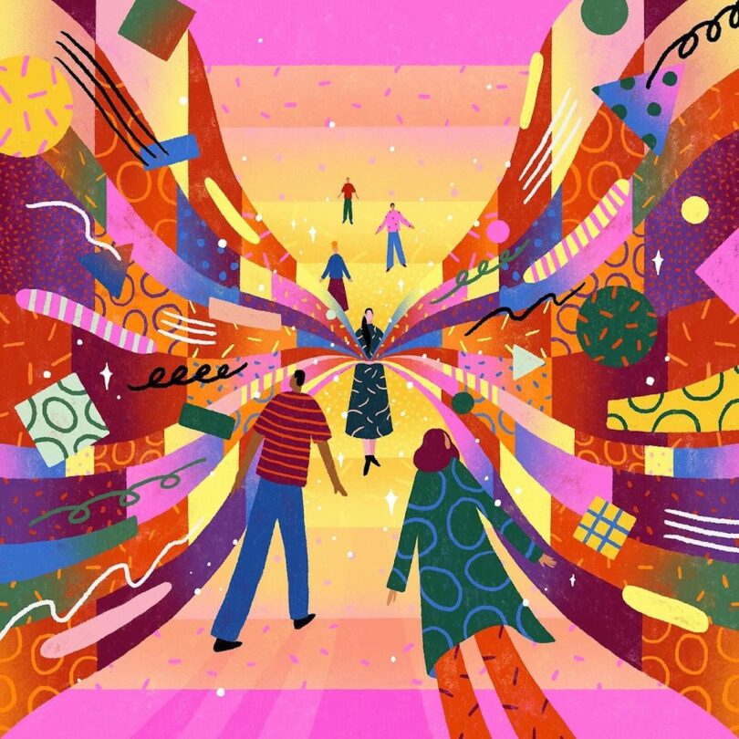 Colorful abstract illustration depicting people walking in a vibrant, tunnel-like environment with swirling patterns and shapes